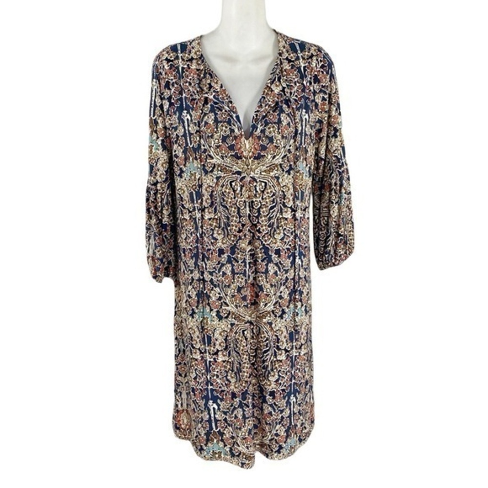 Tommy Hilfiger brown blue multi color printed 3/4 sleeve tie neck dress 8 FF7